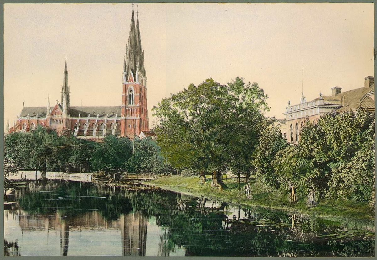 Vy Fyrisån, Uppsala domkyrka och flickskolan Magdeburg, Uppsala cirka 1890
