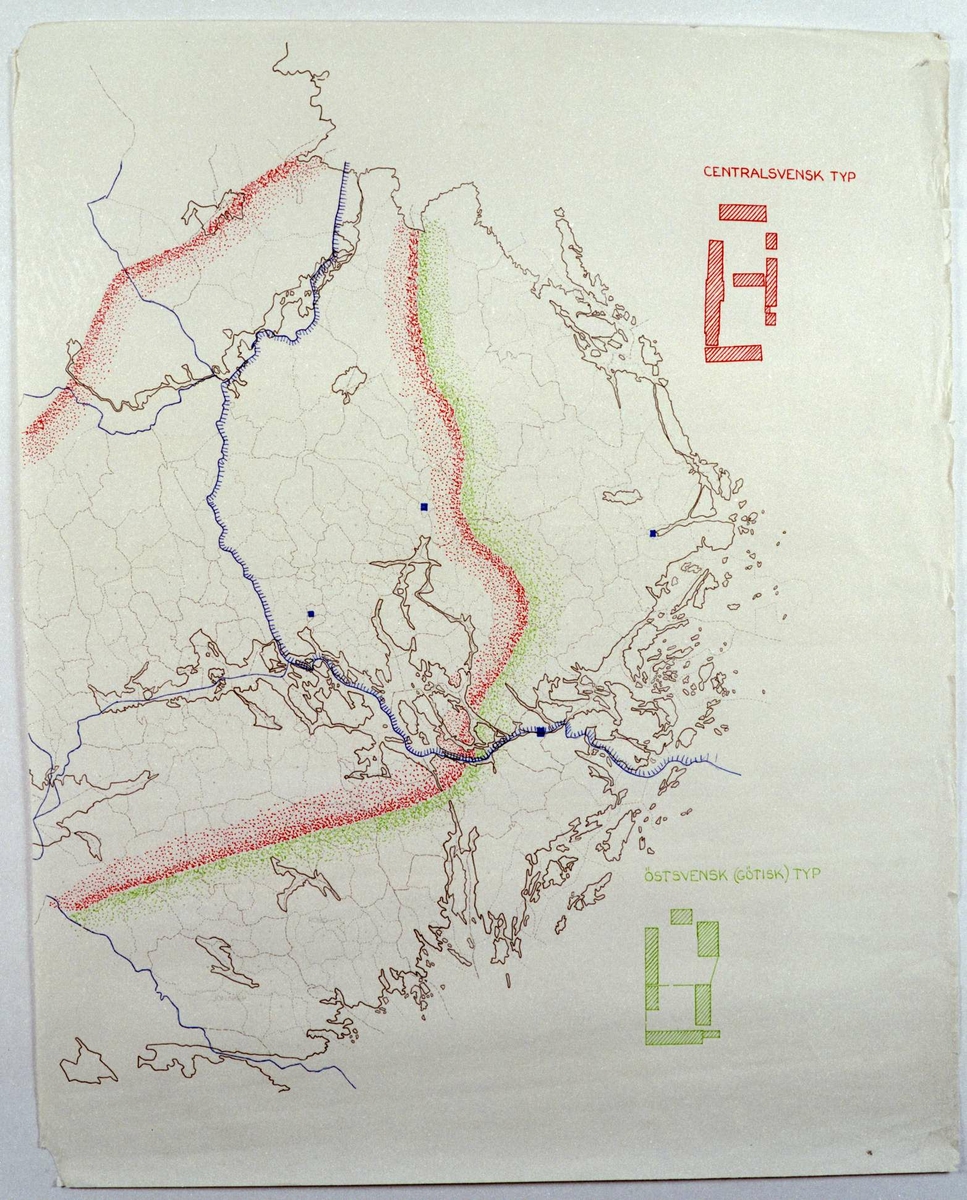 Spridningskarta över den centralsvenska gården och den östsvenska, götiska, gården i Uppsala och Stockholms län