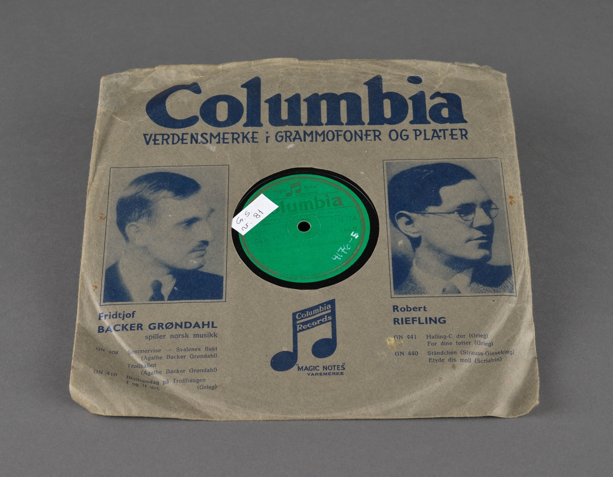 Grammofonplate utgitt på ODEON
Side 1:
Side 2: 
Grønn etikett med uleselig tekst