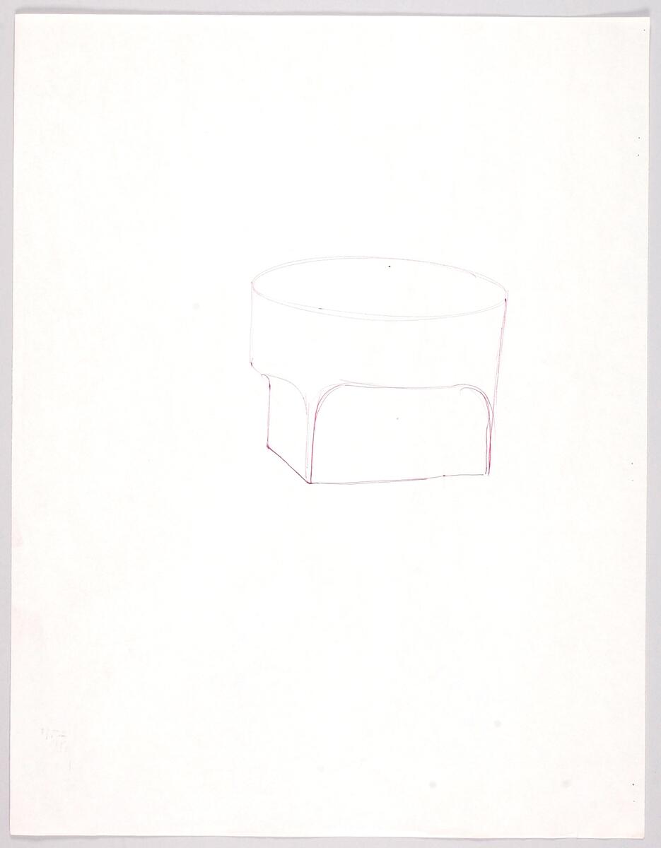 Skisser till en serie glasföremål  i vilken ingår: karaffer, flaskor, vaser, skålar och servisglas - samtliga med rektangulär mynning, insvängd hals och oval nederdel. Noteringar.