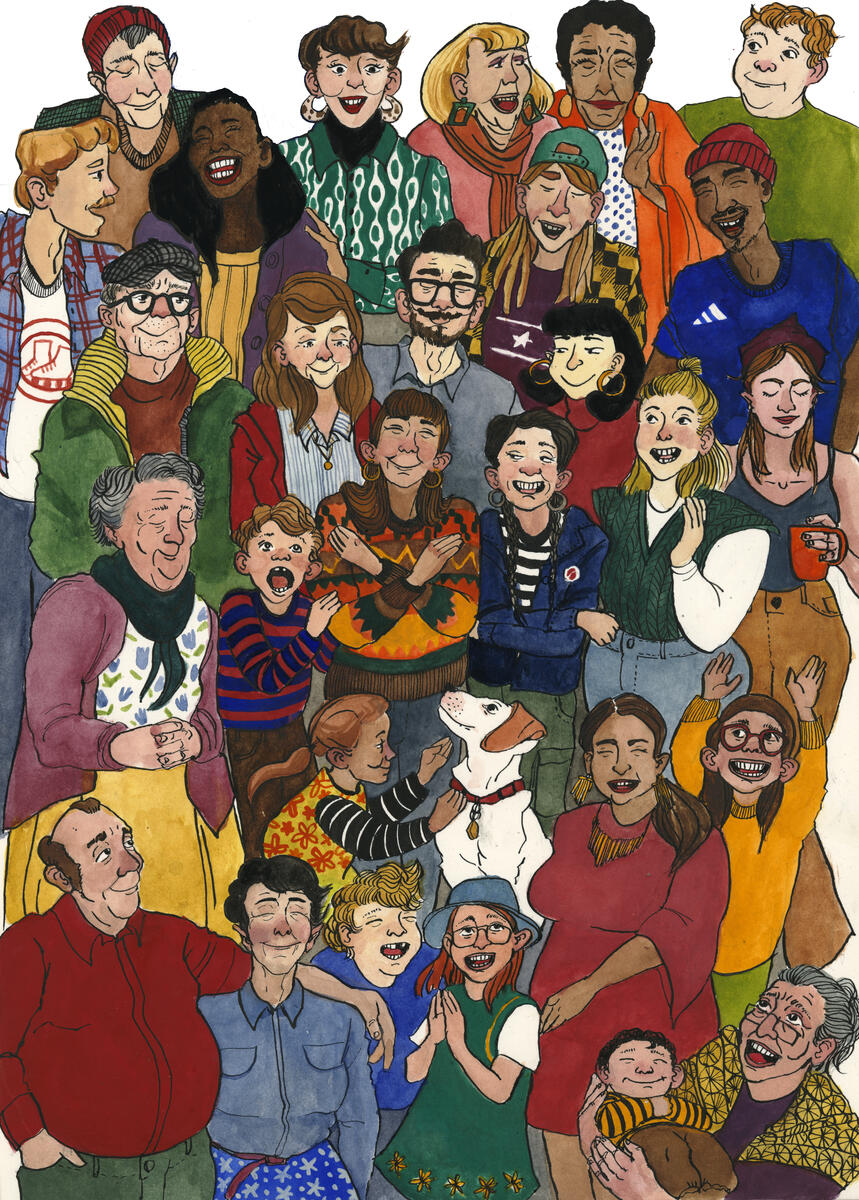 Tegning av en stor gruppe mennesker i alle aldre som viser et godt og varmt fellesskap.