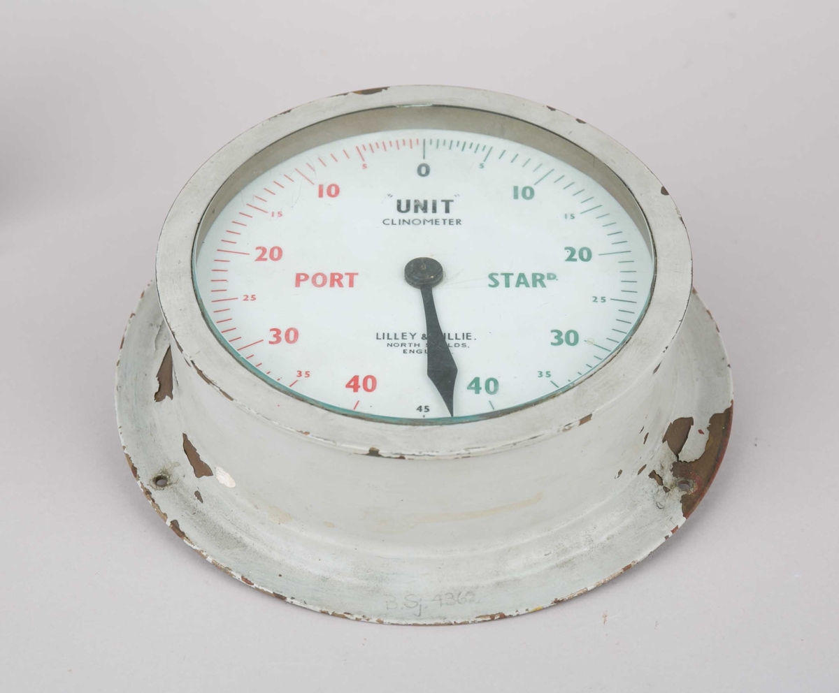 Rundt klinometer fra DS METEOR (bg. 1904).Helingsmåler som kan benyttes til bl.a. å måle skipets krenging.