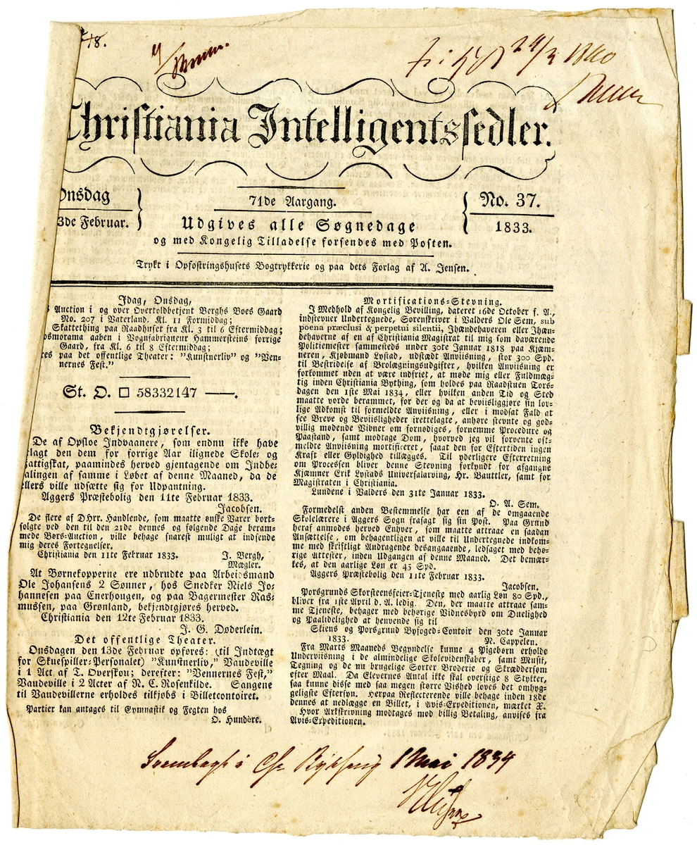 Tre eksemplarer av avisen Christiania Intelligentssedler fra februar 1833. Alle består av 1 falset ark (4 sider) trykt i fraktur.