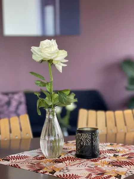 Nærbilde av ei rose i en vase