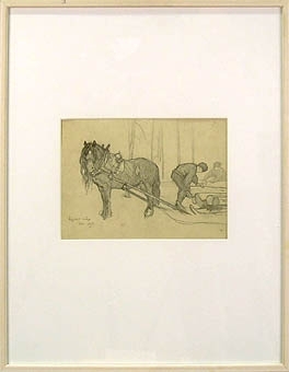 Enligt liggaren: Teckning av Acke Åslund. Två män som lastar en timmersläde dragen av en häst.