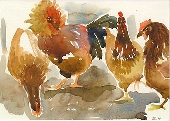 Enl. Liggaren: "Akvarell. H 330, br 420. 4 st hönor. Konstnär: Elisabet Hilling."

Akvarell föreställande fyra hönor i bruna och oranga nyanser.
Smal fururam och glas.