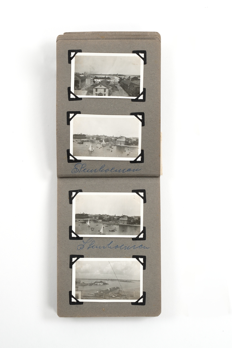 Fotoalbumet innehåller vyer och flygfoto över Stumholmen.
