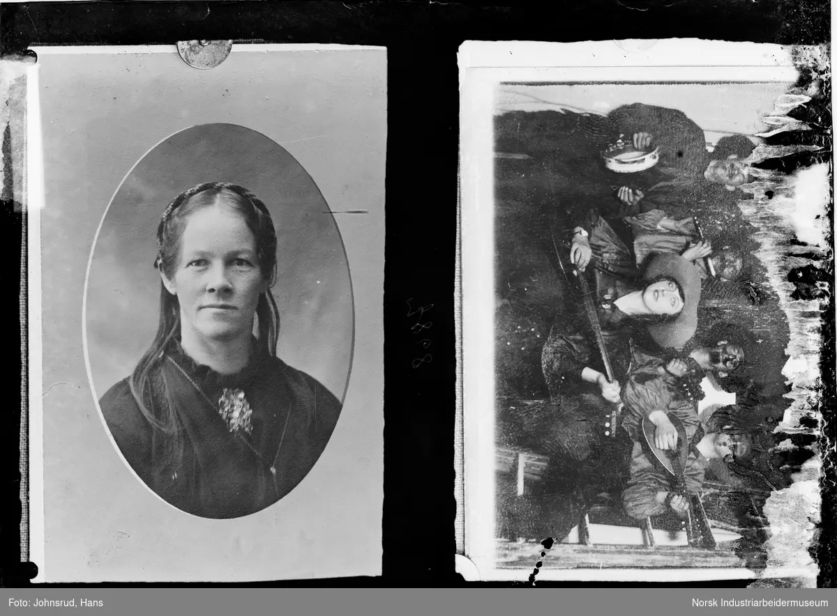 Dobbelbilde. Til venstre: portrett av kvinne. Kvinnen har sølje i halsen og vippe i håret. Til høyre: personer utkledd i kostyme med insturmenter.