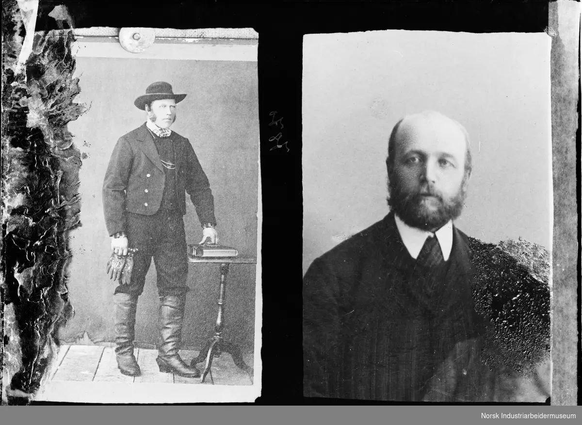 Dobbeltbilde. Til venstre: mann i bunad stående ved bord. Mannen har høye støvler og tørkle i halsen og holder ett par hansker i hånden. Til høyre: portrett av mann kledd i dress.