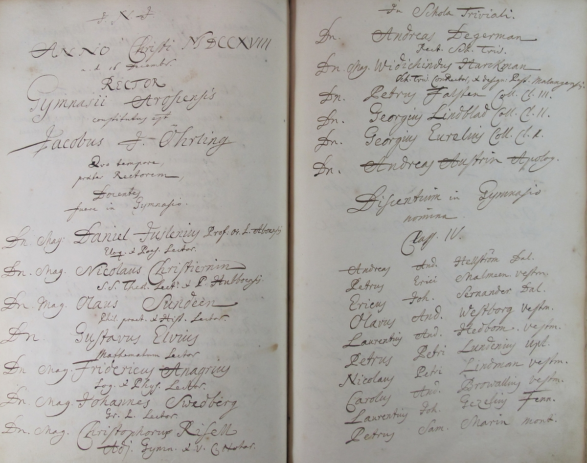 Rudbeckianska skolan i Västerås elevlängd 1710-1719.