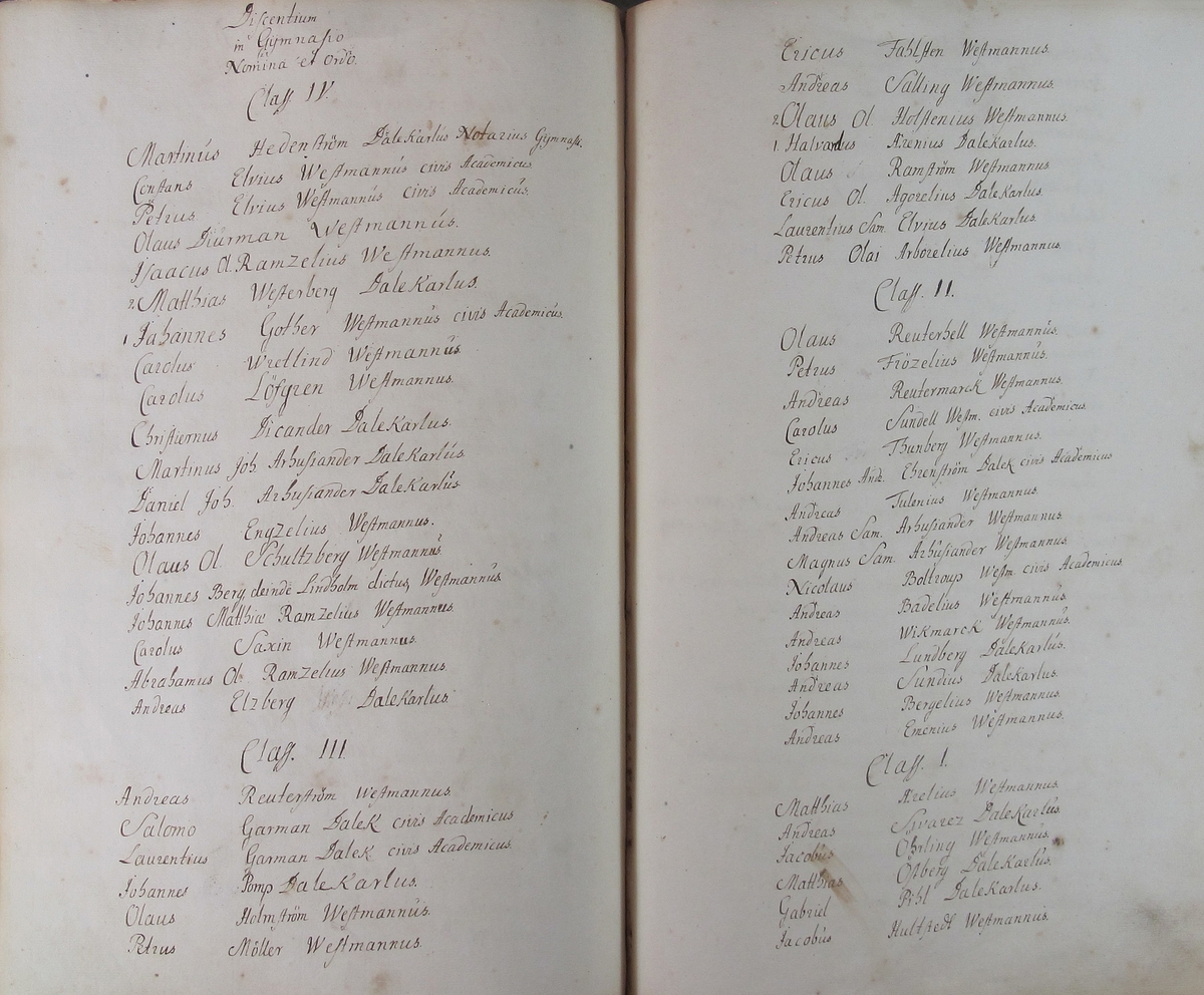 Rudbeckianska skolan i Västerås elevlängd 1720-1729.
