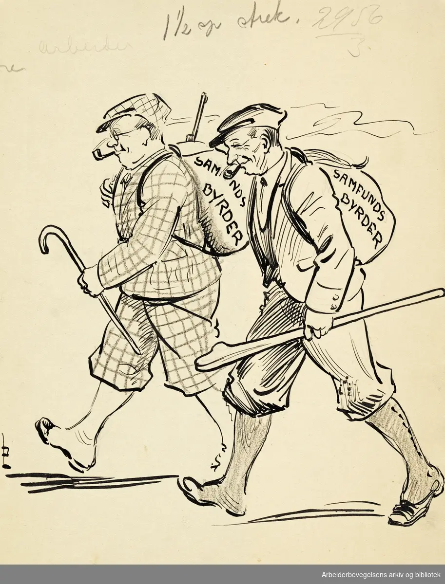Tegning av Jan Lunde. To menn med sekker. Tekst: Samfunds byrder. Udatert.