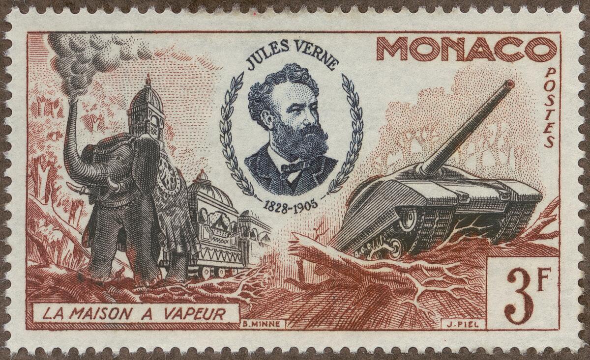Frimärke ur Gösta Bodmans filatelistiska motivsamling, påbörjad 1950.
Frimärke från Monaco, 1956. Motiv av "La maison á vapeur" av Jules Verne (1828-1905) Tank-kanon