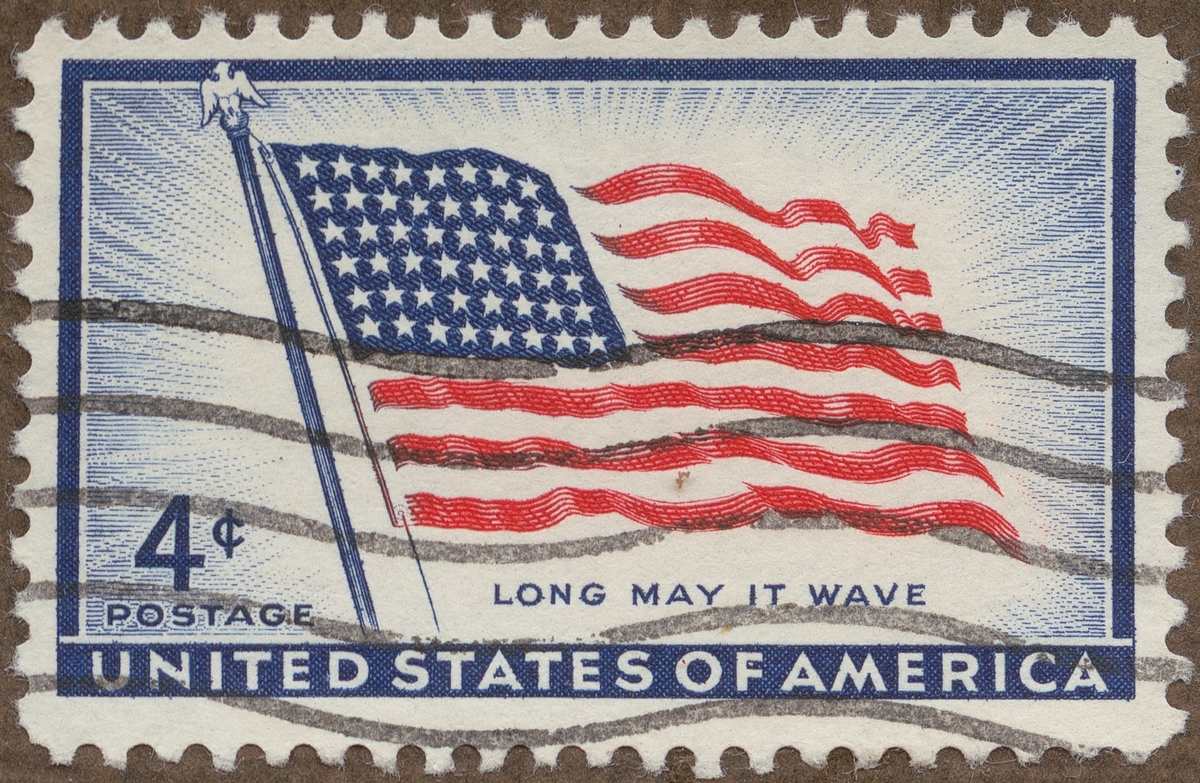 Frimärke ur Gösta Bodmans filatelistiska motivsamling, påbörjad 1950.
Frimärke från U.S.A., 1957. Motiv av U.S.A.-s Flagga "Länge må den svaja"