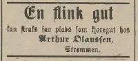 En flink gut kan straks faa plads som kjøregutt hos Arthur Olaussen, Strømmen. Annonse i Akerhusposten Lillestrøm, den 22.05.1909. Nasjonalbiblioteket.