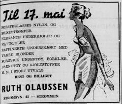 I denne annonsen fra 1953 fristet Ruth Olaussen med nye klær til 17. mai. Akershus Arbeiderblad, den 06.05.1950. Nasjonalbiblioteket.