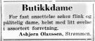 I 1950 søkte Asbjørn Olaussen etter en butikkdame til fast ansettelse. Akershus Arbeiderblad, den 28.06.1950. Nasjonalbiblioteket.