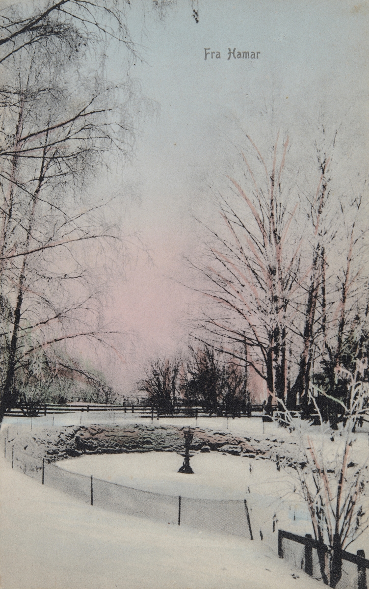 Postkort, Hamar Park, vinter med andedam og vannfontene, 