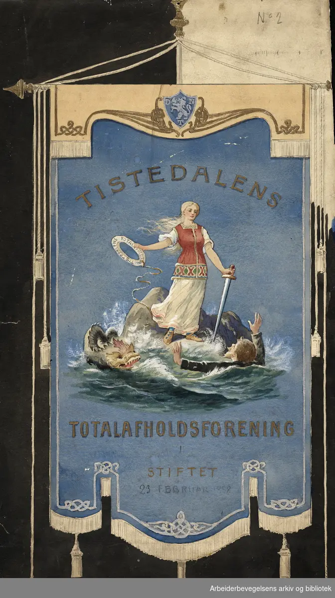 Skisse til fane for Tistedalens Totalafholdsforening. Stiftet 23 februar 1858.