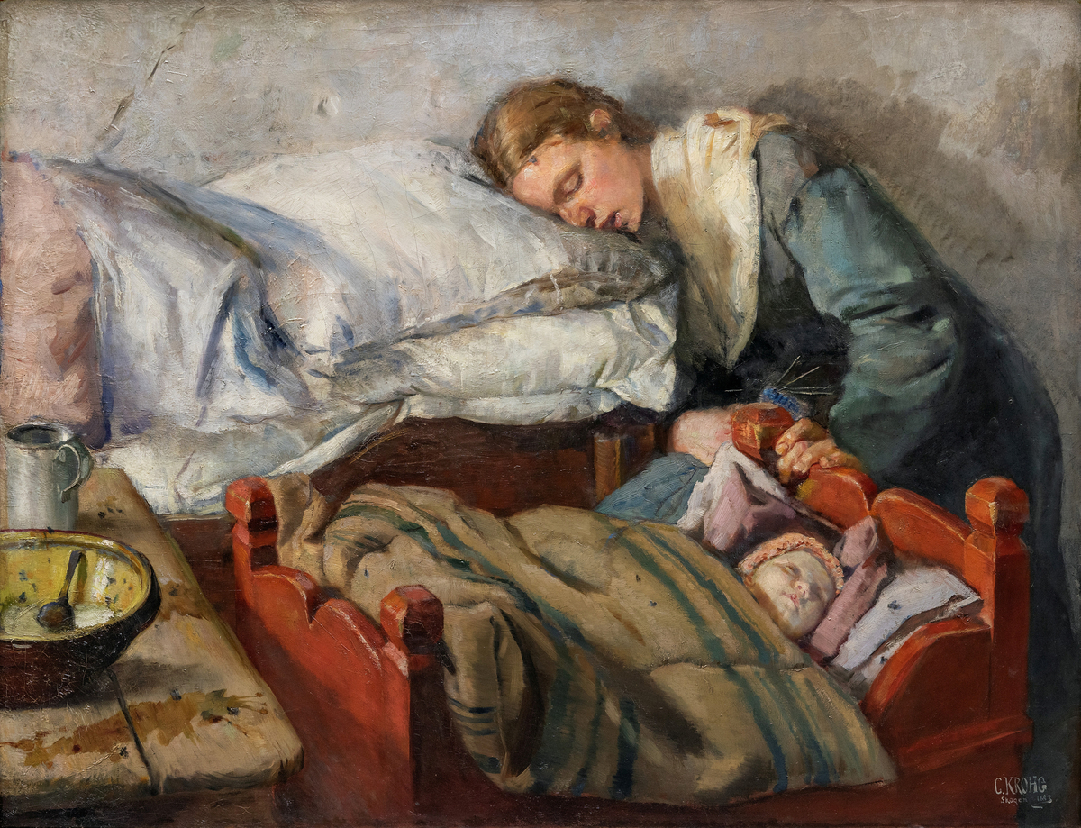 Sovende kvinne med hodet hvilende på et sengegjerde. Venstre hånd holder et strikketøy og støtter seg mot en rød vugge med et sovende spebarn.