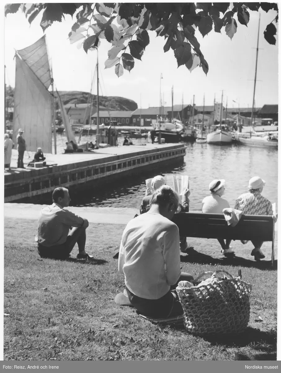 Bohuslän. Utsikt över Strömstads hamn. Människor sitter i solen på kajen, en parkbänk och på gräset .