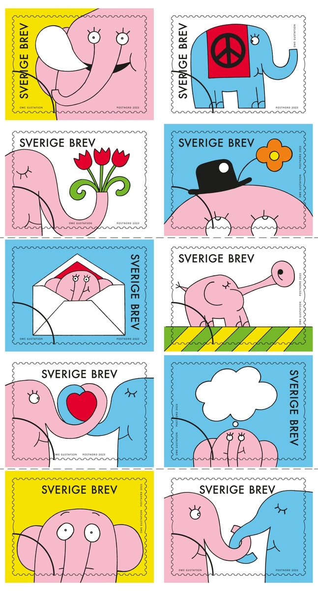 Tio frimärken i häfte med tio olika motiv från utgivningen "Hej hej" Sverige brev med osynlig valör 15 kr.