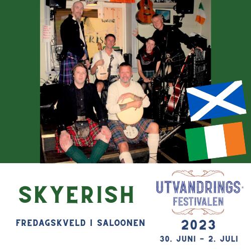 Bandet Skyerish i kilt og med instrumenter. Logo Utvandringsfestivalen