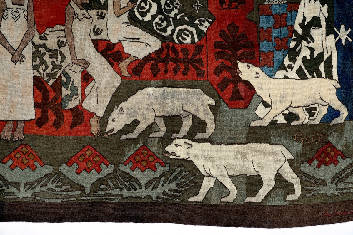 Gerhard Munthes "Nordlysdøtrene": tre kvinner i hvit nattkjole, med flakkende hår sitter / står i et soverom (med senger i rødt og svart), tre isbjørner kommer vandrende inn.