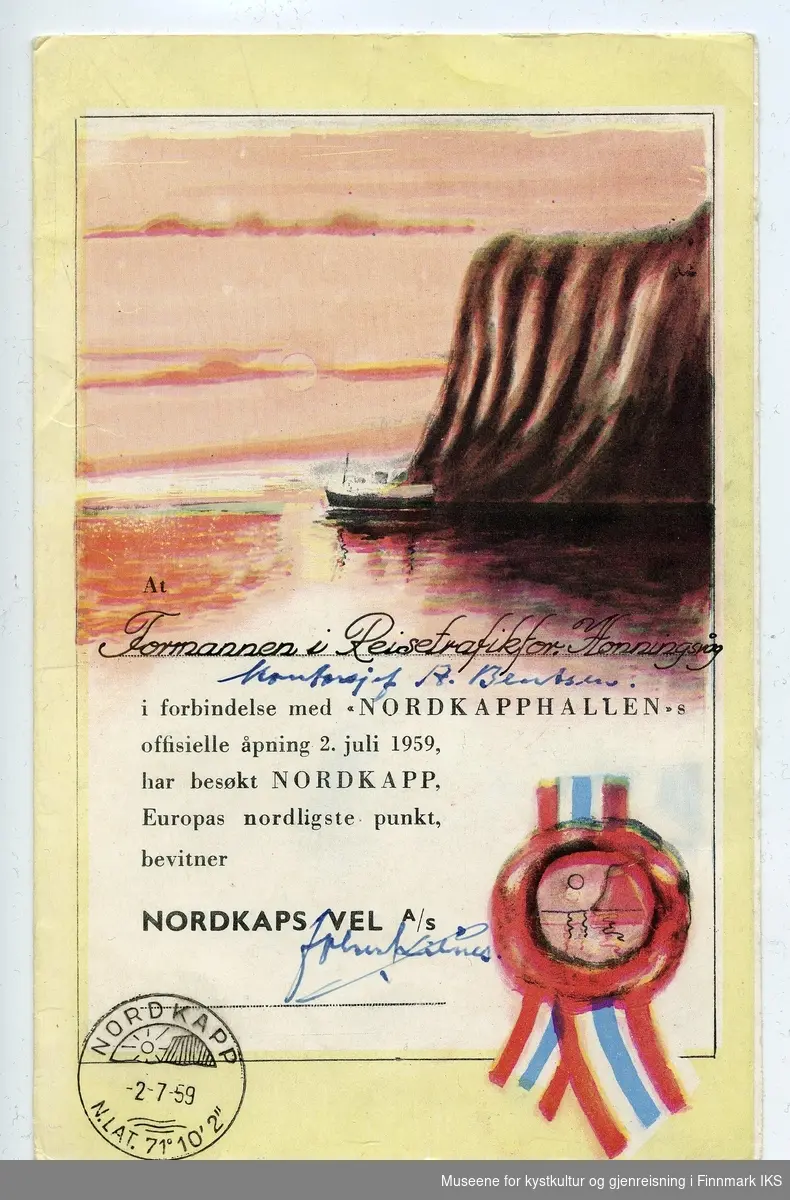 Diplom i anledning av den offisielle åpningen av Nordkapphallen, 02.07.1959.
