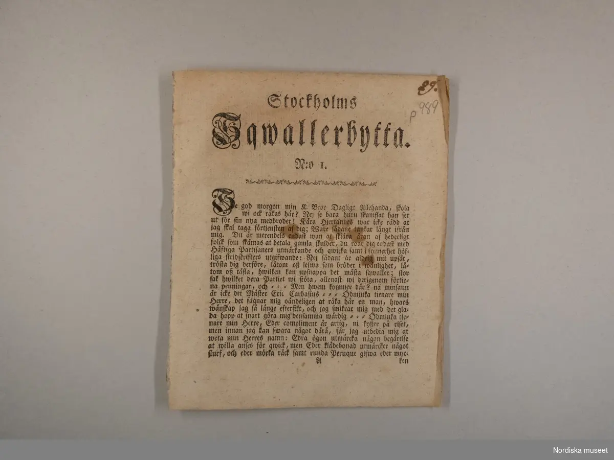 Tidning. Stockholms Sqwallerbytta N:o 1 och 2. Tryckt hos Wennberg och Nordström år 1772.