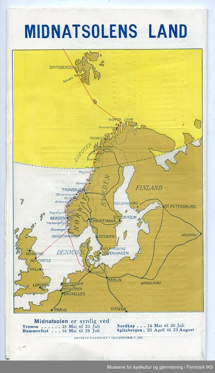 Brosjyre på dansk med informasjon om skipsreiser til Norden, bl.a. til Nordkapp. Det finnes også en oversikt over landturer som kan kombineres med noen av skipsrutene.