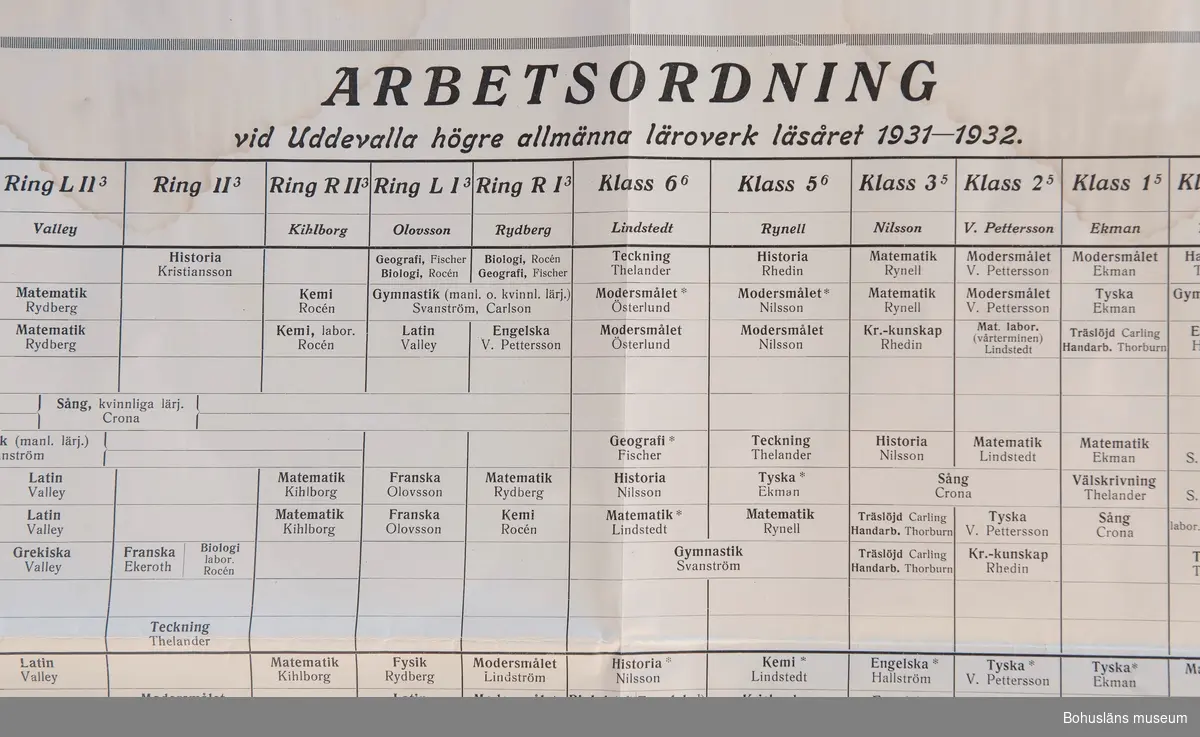 Arbetsordning vid  Uddevalla Högre Allmänna läroverk läsåret 1931 - 1932.
Schemat har tillhört givarens farbror Herbert Wockatz (1913 - 1932).
