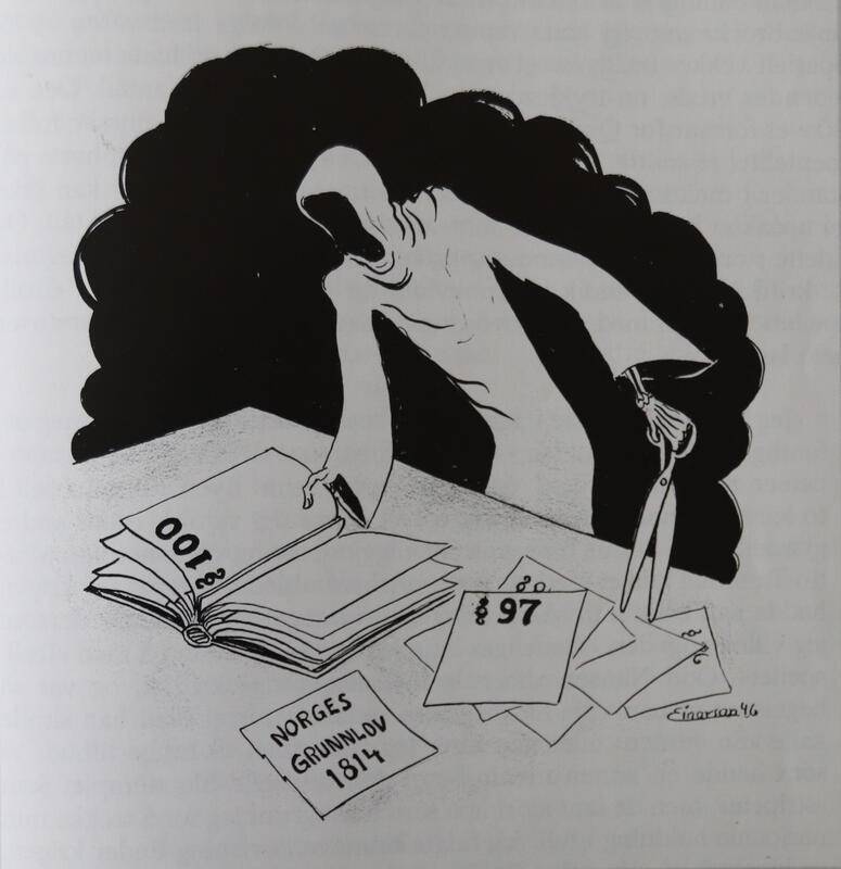 En karikatur av "døden" står over Norges Lover og klipper ut sider i boken. Han skal akkurat til å klippe bort §100, retten til ytringsfrihet.