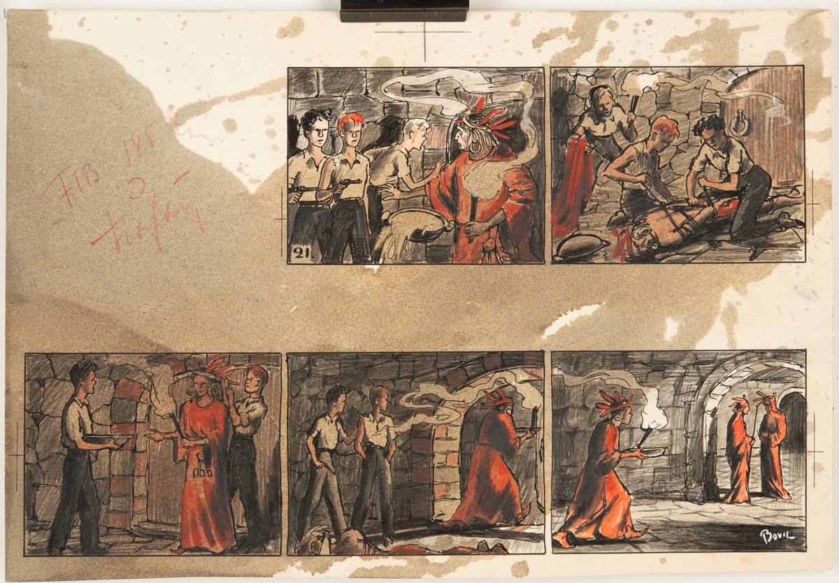 Sida ur den tecknade serien om när Flygkamraterna åker till Inkariket och är med om flera spännande äventyr. I de sista delarna hittar de en skatt med en magisk kula.
Varje sida är uppbyggd av 4-8 bildrutor med teckningar i svart, vitt och rött. Stilen är enklare och bilderna mer avskalade än de senare delarna av serien om flygkamraterna.