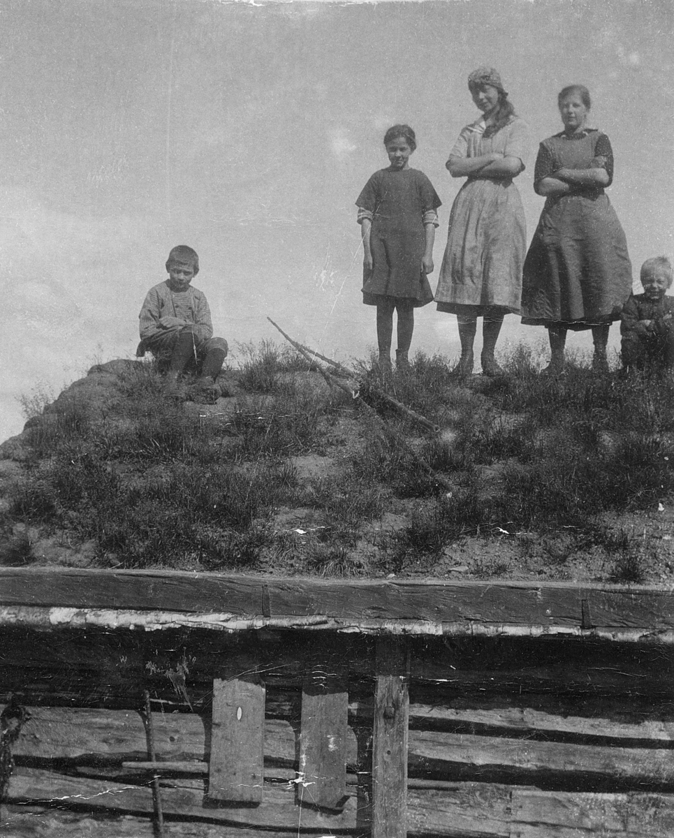Barn og ungdom på toppen av et sætertak. Ingri Bull Aakrann nr tre fra venstre. De øvrige er ukjente.