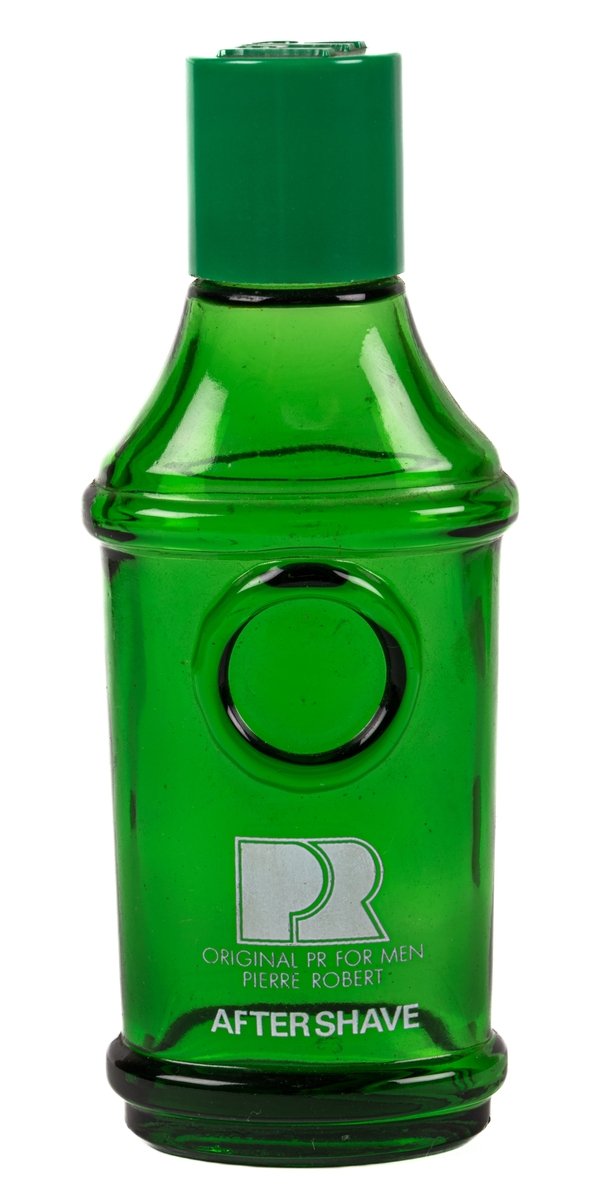 Flaska av grönt glas med skruvlock i grön plast. Flaskan är ovalt rundad med bredare fram och baksida. Längst ned och vid ca 2/3 höjd av flaskan finns en utstående rundad list i glaset, runt hela flaskan. Över den övre listen avsmalnar flaskan uppåt. Flaskan avsmalnar något nedåt mellan listerna. På framsidan under den övre listen går en utbuktning i glaset. Under det står tryckt i vitt: "PR ORIGINAL PR FOR MEN PIERRE ROBERT AFTER SHAVE". Fabrikationstryck i glaset i botten står otydligt "ROBERT SWEDEN SGD 8". På locket i stora utstående bokstäver står "PR".