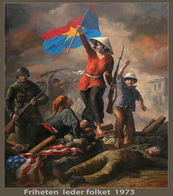Maleri som er en nytolkning av Delaxroix sitt berømte maleri fra den franske revolusjon, "Friheten leder folket" (1830). I denne versjonen er det en vietnamesisk kvinne som holder sitt flagg høyt mens hun løper over falne soldater med et barn i helene.