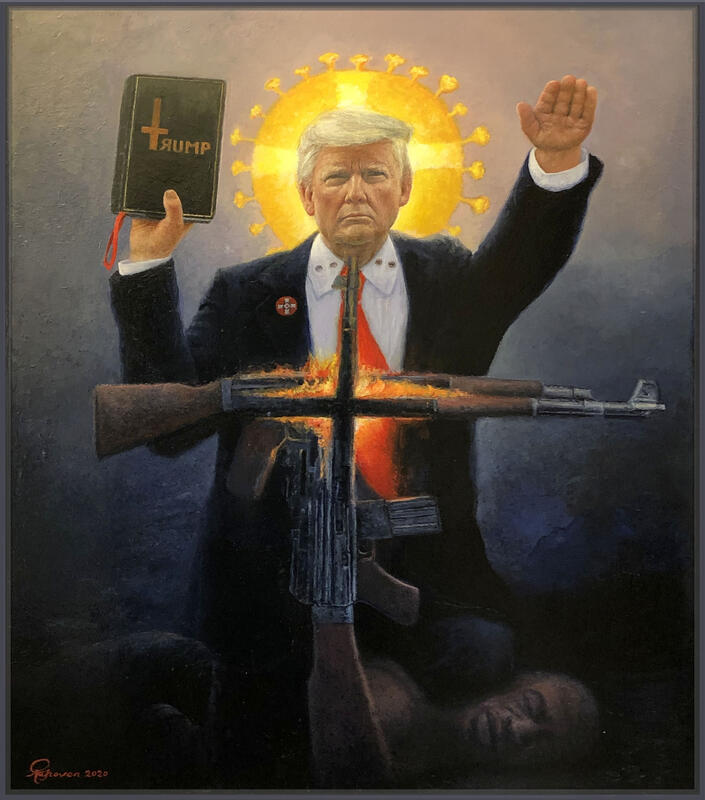 Digitalt maleri av Donald Trump. Han holder en hånd reist i nazihilsen, i den andre holder han en bibel med et opp-ned kors. Foran ham er et kors laget av rifler. Korset brenner. Under kneet hans ligger George Floyd. Rundt hodet skinner en lysende glorie.