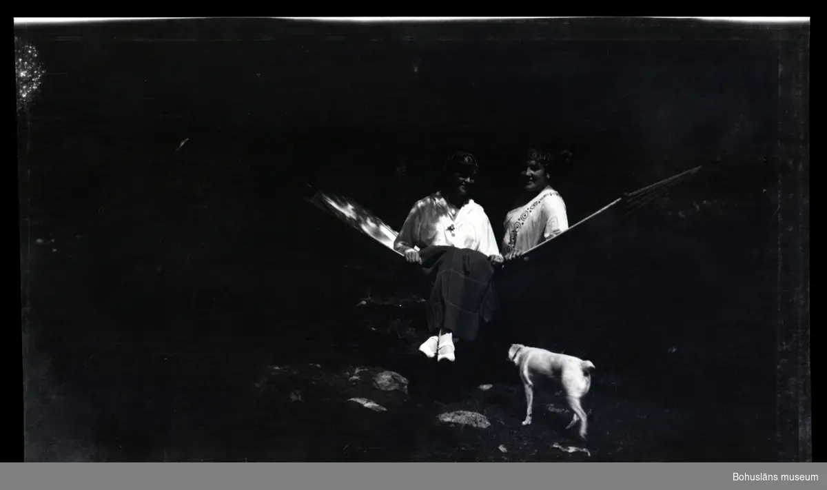 Två personer i en hängmatta med en hund framför.
