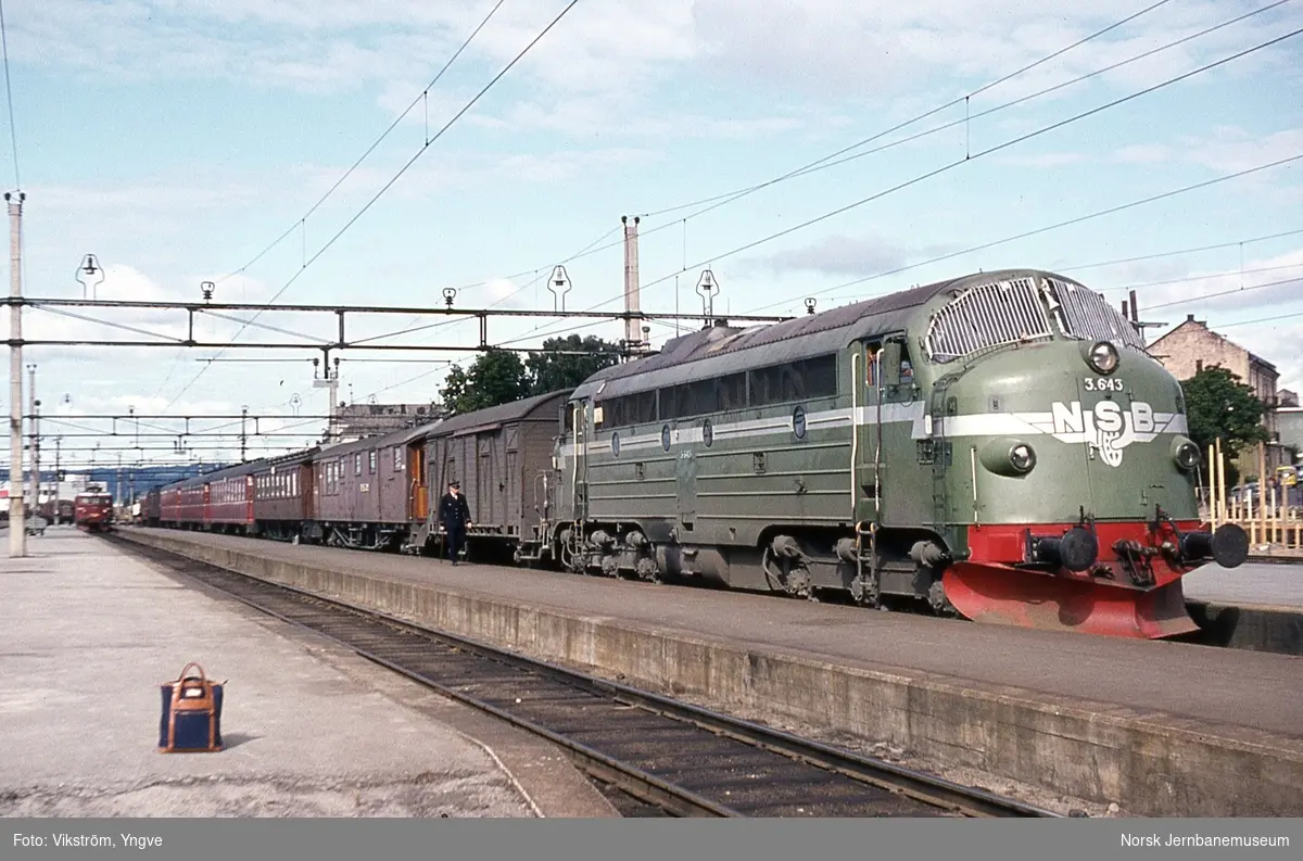 Diesellokomotiv Di 3 643 med dagtoget fra Oslo Ø til Trondheim over Røros, tog 301, på Hamar stasjon