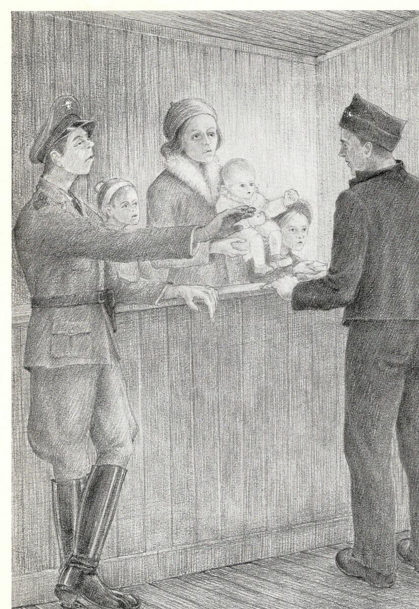 Tegning tegnet av Odd Nansen. Viser en fange som står ovenfor det som ser ut som familien hans. Ei kvinne med en baby i armene og to barn på hver side. En fangevokter står med armen ut mot fangen.