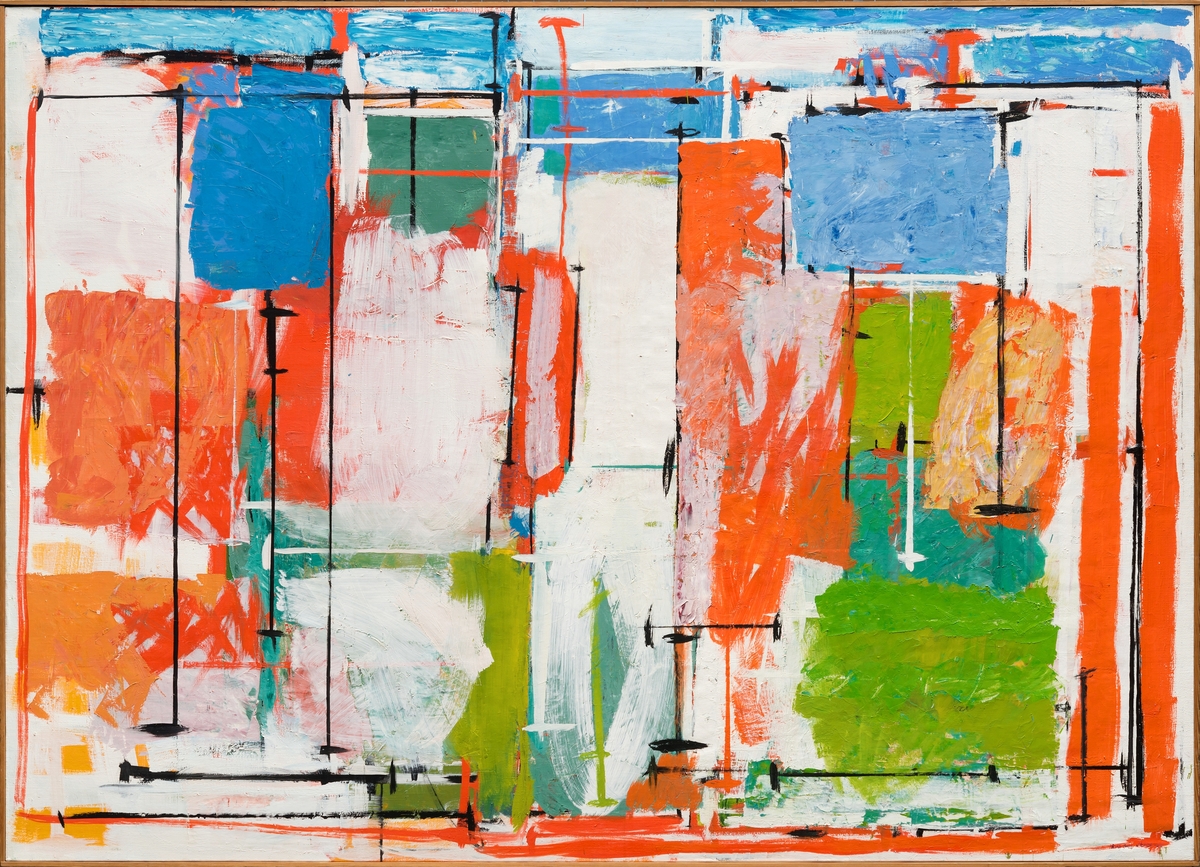 Abstrakt komposisjon med rødt, hvitt og blått som dominerende farger, inndelt i malte geometriske felt, delvis overlappende og adskilt med linjer i sort, horisontale og vertikale.