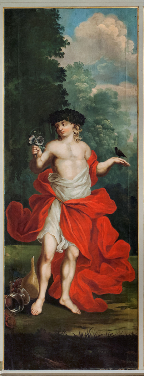 Yngling med naken overkropp holder en blomsterbukett i h. hånd, mens en stær sitter på hans venstre side.