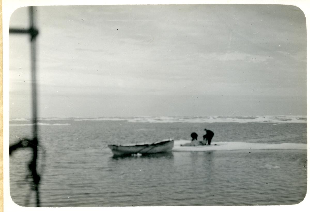 Bilde fra den nederlandske gruveperioden i Barentsburg/Green Harbour. Etter Count Van Hogendorp, en nederlandsk ingeniør rundt 1922 i Barentsburg. Sommerfangst sel. To menn på et isflak med sel(isbjørn?)