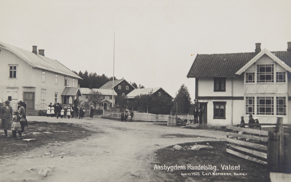 Postkort, Stange, Vallset, Åsbygda Handelslag, Aasbygda handelslag fra 1909, landhandel, butikk, kafeteria, folk på tunet,
