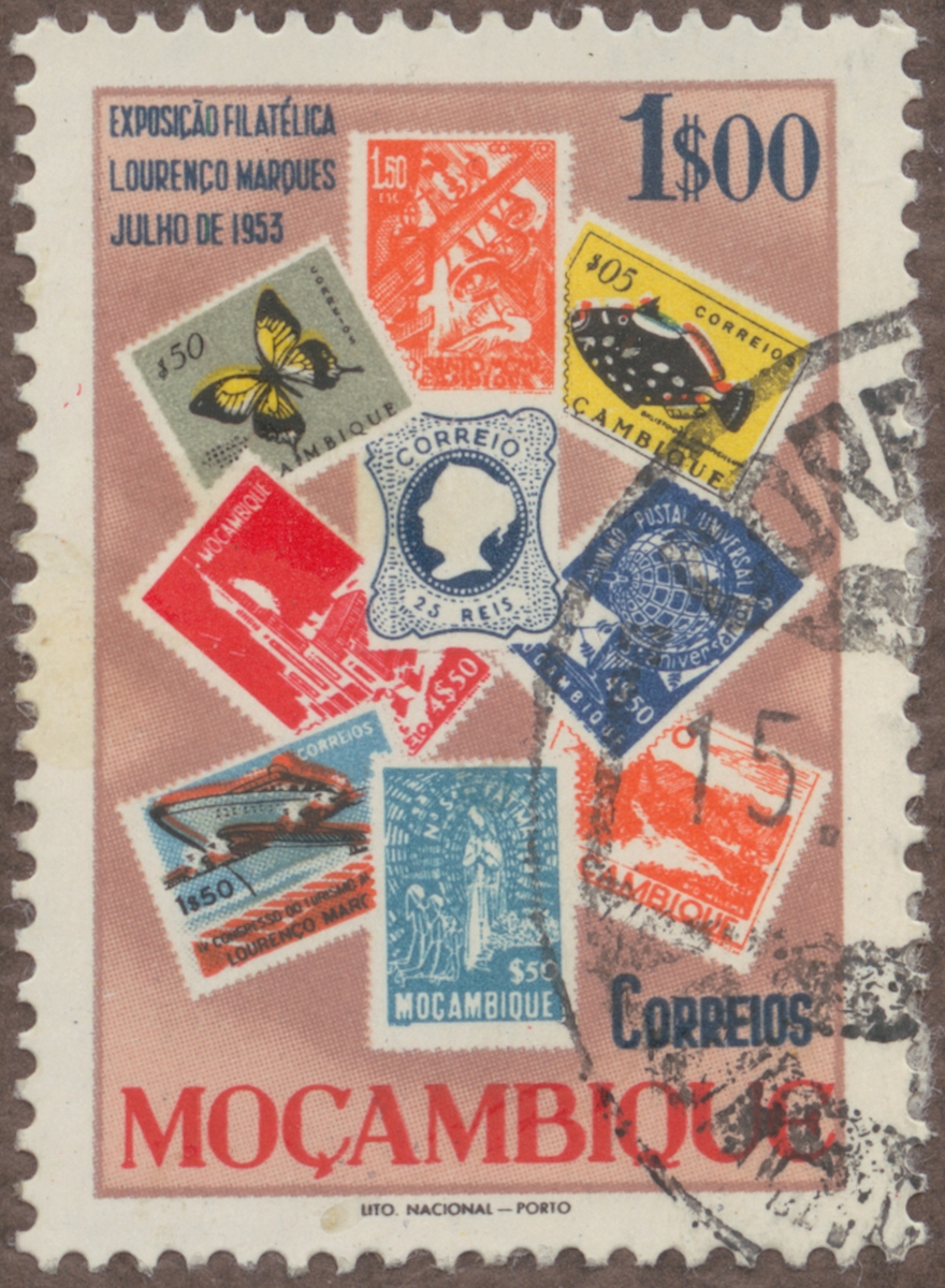Frimärke ur Gösta Bodmans filatelistiska motivsamling, påbörjad 1950.
Frimärke från Mozambique, 1953. Motiv av Mozambik-frimärken i miniatyr Filatelistutställn. i Lourenço Marques juli 1953