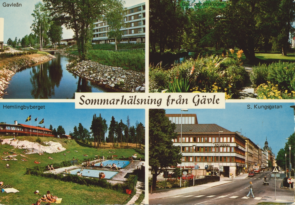 Sommarhälsning från Gävle. Sätra med Tickselbäcken, Stadsträdgården vid Gavleån, Bassängen i Hemlingbyberget och Södra Kungsgatan i Gävle centrum.