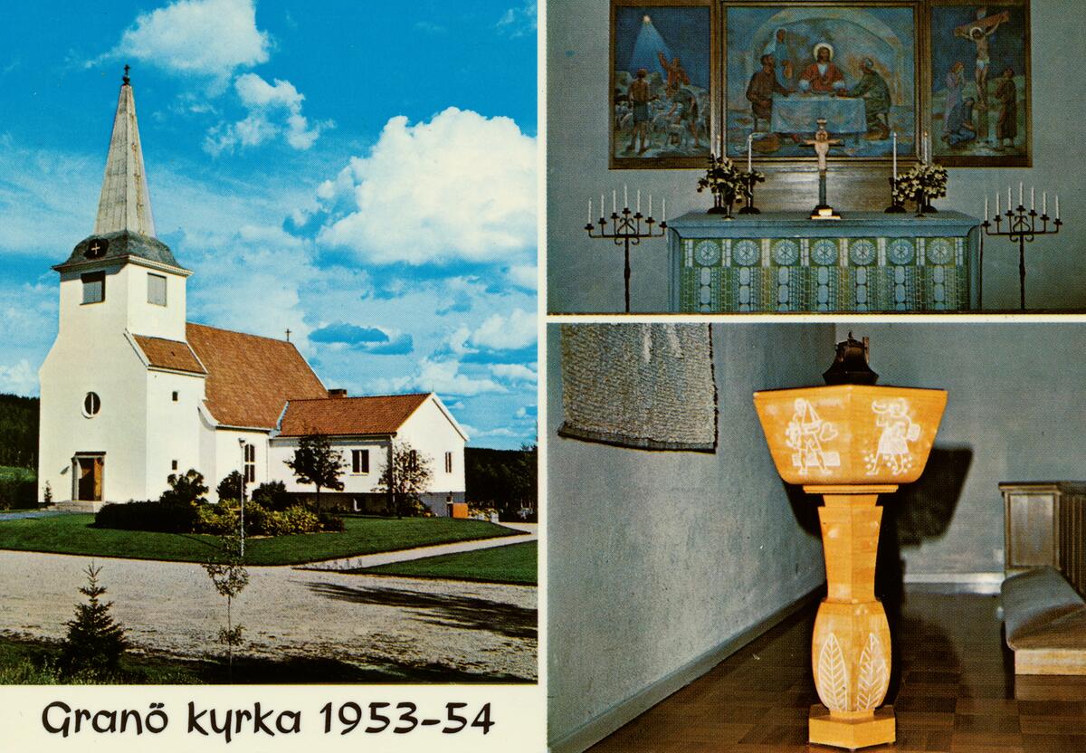 Granö kyrka byggnadsår 1953 - 54. Altartavla och dopfunt