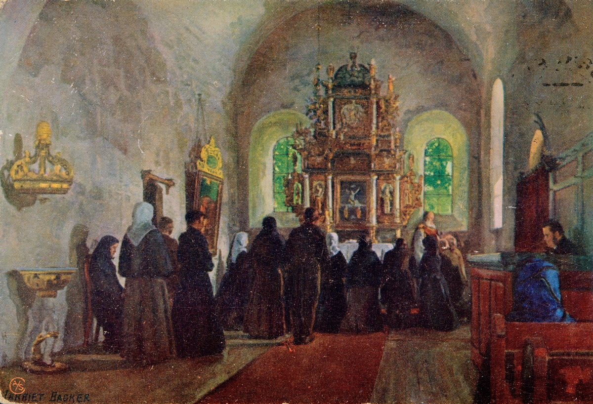 Postkort, Stange kirke, repro av maleri med motiv fra "Altergang i Stange Kirke" av kunstner Harriet Backer fra 1907,