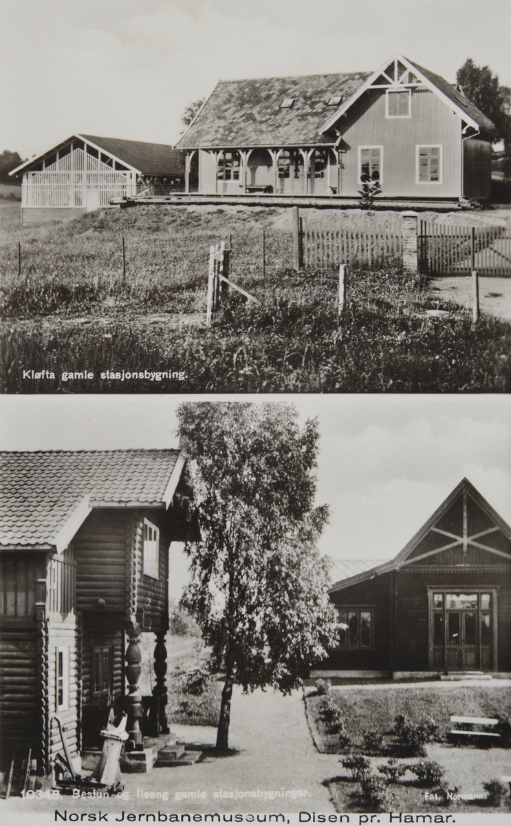 Postkort, Hamar, Norsk jernbanemuseum på Disen, 2 delt kort med motiv Kløfta stasjon og Ilseng Stasjon, stasjonsbygninger
